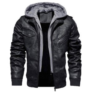 Mens Black Leather Hooded Jacket