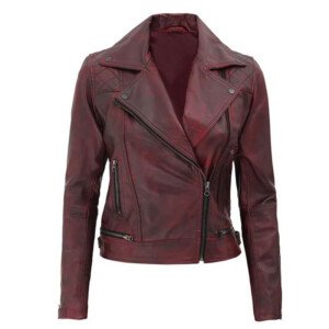 Women’s Red Distressed Leather Motorcycle Jacket