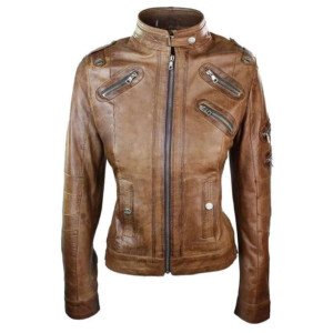 Womens Slim Fit Vintage Punk Leather Biker Jacket